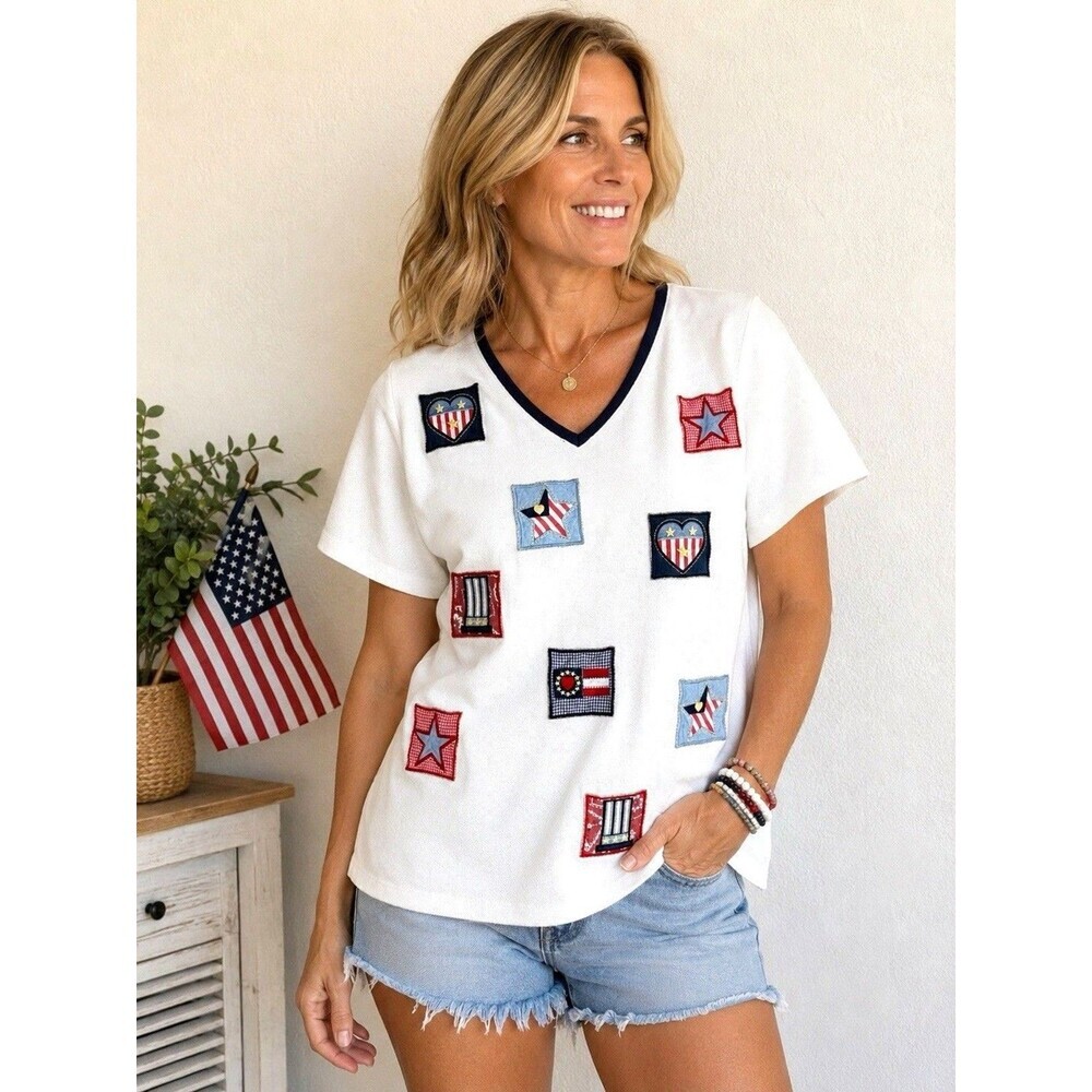 Karen Scott Patriotic Patchwork V Neck Top XL Americana USA Flag Shirt